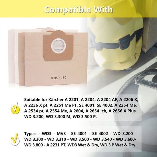 SJLERST Lot De 5 Sacs Aspirateur Pour Karcher 6.959-130.0, Sacs En Papier Filtre Pour Karcher WD3200 WD3300 WD3500 Aspirateur Sac Pour Aspirateur