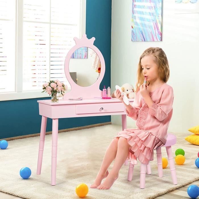 GOPLUS Coiffeuse Enfant Fille, Table de Maquillage avec Miroir Triptyque et  Tabouret, Charge 50KG, pour Enfants