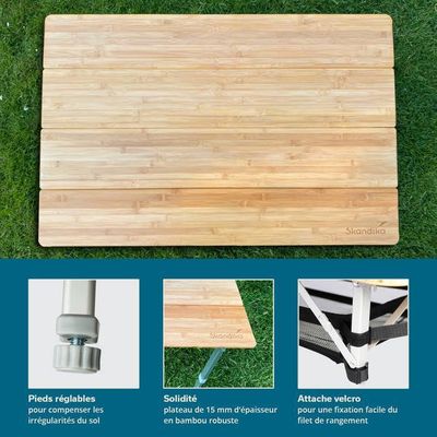 Table De Camping Skandika Tolja En Bambou Et Alu - Pliable, Réglable En Hauteur (3 Niveaux), Résiste Aux UV Et Intempéries - 100x65x65 Cm, 80 Kg Max
