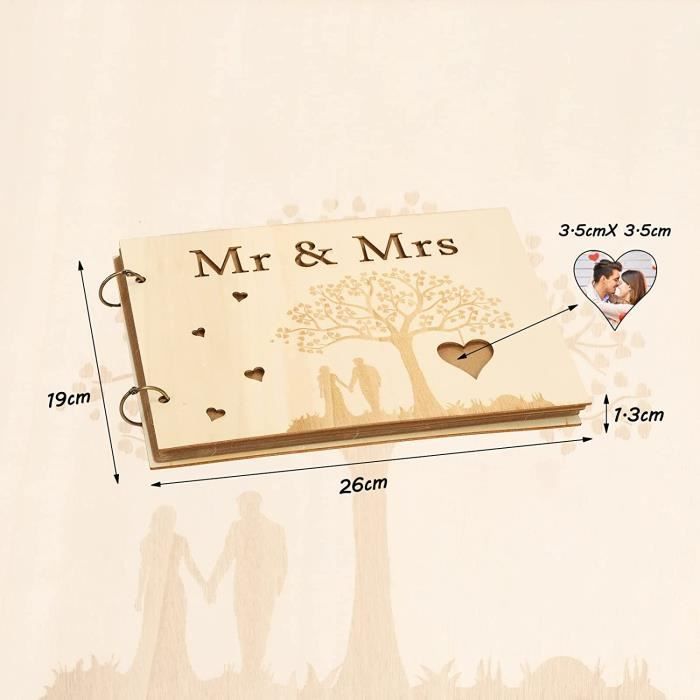 Livre D'Or Mariage Bois - 40 Pages | Gravure Mr&Mrs | 26x21cm | Cadeau