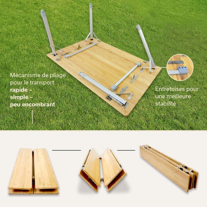 Werkfox Table De Camping Pliante Bambou - Hauteur Réglable 52/65 Cm, Pieds Compensateurs, Sac De Rangement, 3 Tailles