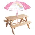Table pique-nique Licorne en pin avec parasol - FUN HOUSE - H.53 x l.95 x P.75 cm - Pour enfant-0