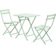 Salon de jardin bistro pliable - table carrée dim. 60L x 60l x 71H cm avec 2 chaises - métal thermolaqué vert d'eau-0