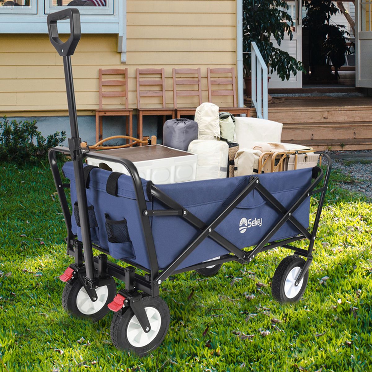 Chariot De Jardin Pliable Sillar - 100 Litres, Charge Jusqu'à 80 Kg - 4 Roues PVC, Tissu Imperméable - Poignée Extensible Et Poches à Boissons - 9