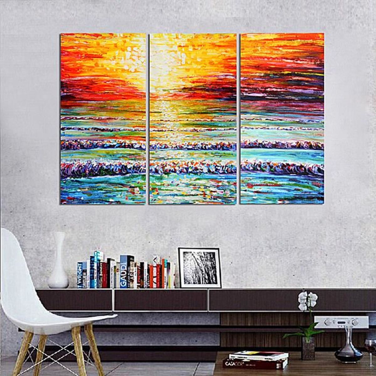 3pcs Coucher Du Soleil Abstraite Peinture Tableau Huile