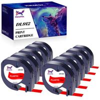 10 HALOFOX Compatible pour Dymo LetraTag Ruban Plastique 91203, 12mm x 4 m,pour Dymo LetraTag LT-100H,  Noir sur rouge