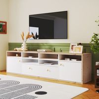 Meuble TV Moderne Blanc et Bois, 3 Portes 9 Compartiments, Armoire de Télévision Buffet Salon Bas, 178x35x48cm