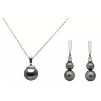 Parures ensemble bijoux Argent rhodié et perles grises Swarovski collier et boucles d'oreilles assorties