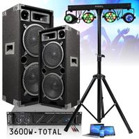 Pack Sono Ibiza 3600W Total - Ampli AMP1000-MKII 2x800W - 2 Enceintes 1000W - Pack 4 Jeux de Lumière DJLIGHT60 - Pied Support