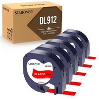 5x STAROVER Compatible pour Dymo LetraTag Ruban Plastique 91203, 12mm x 4 m,pour Dymo LetraTag LT-100H,  Noir sur rouge