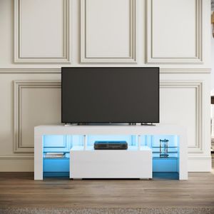 MEUBLE TV SIRHONA Meuble TV Bas Blanc, Banc TV de Salon avec Lumière LED 130x35x45 cm Armoire de Base