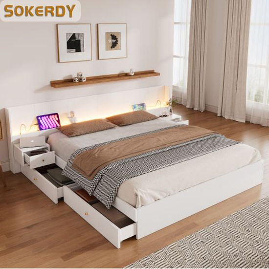 2 Tables De Chevet étroites Avec éclairage LED Et Prises USB - Avec Tiroir Et Grand Rangement Pour Chambre Compacte