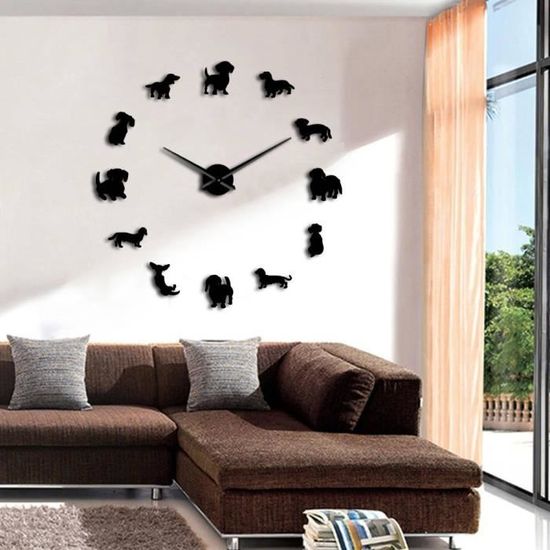 Horloge Murale Miroir Chien Décoration maison moderne 3d À faire soi-même Autocollant teckel Surface Design 