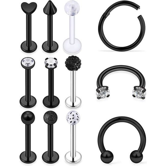 Piercing Oreilles LAURITAMI Acier Chirurgical - Tragus, Helix, Labret (18 Pièces)