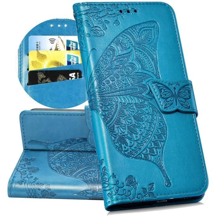 Étui iPhone 8, Cuir Papillon Fleur Motif Porte-Cartes Portefeuille Housse avec Magnétique et Dragonne, Bleu