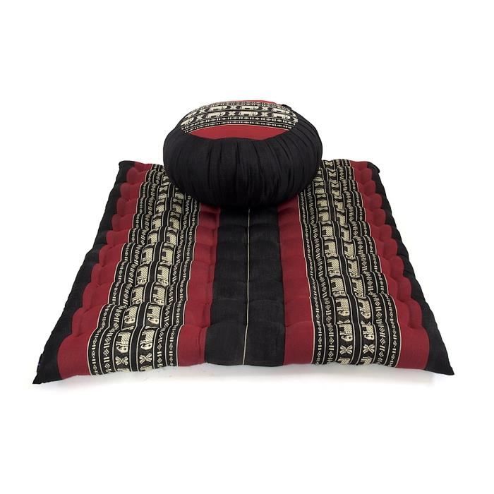 Set de Méditation Coussin Zafu, Tapis Zabuton, 76x72x25 cm, Kapok, Noir Rouge