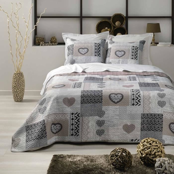 Couvre-lit 2 personnes matelassé 240x260 + 2 taies Frozie Gris
