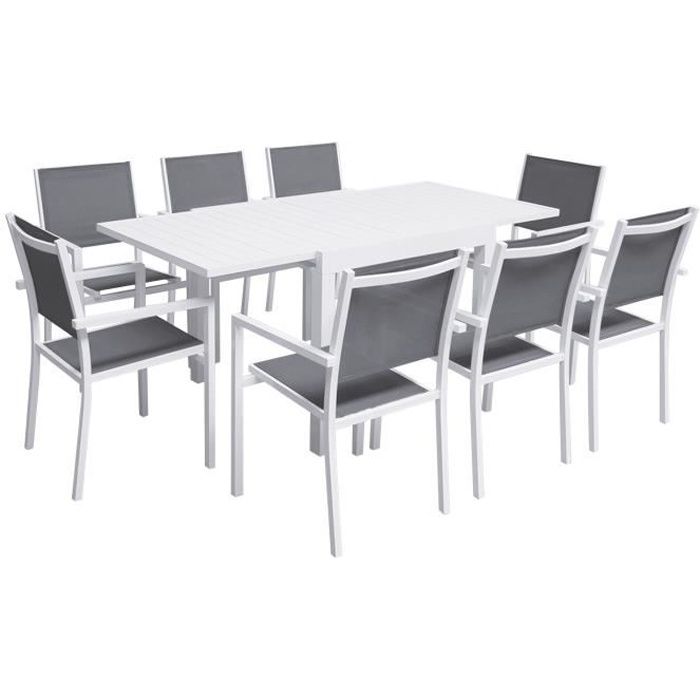 Salon de jardin VENEZIA extensible 90/180 en textilène gris 8 places - aluminium blanc Blanc
