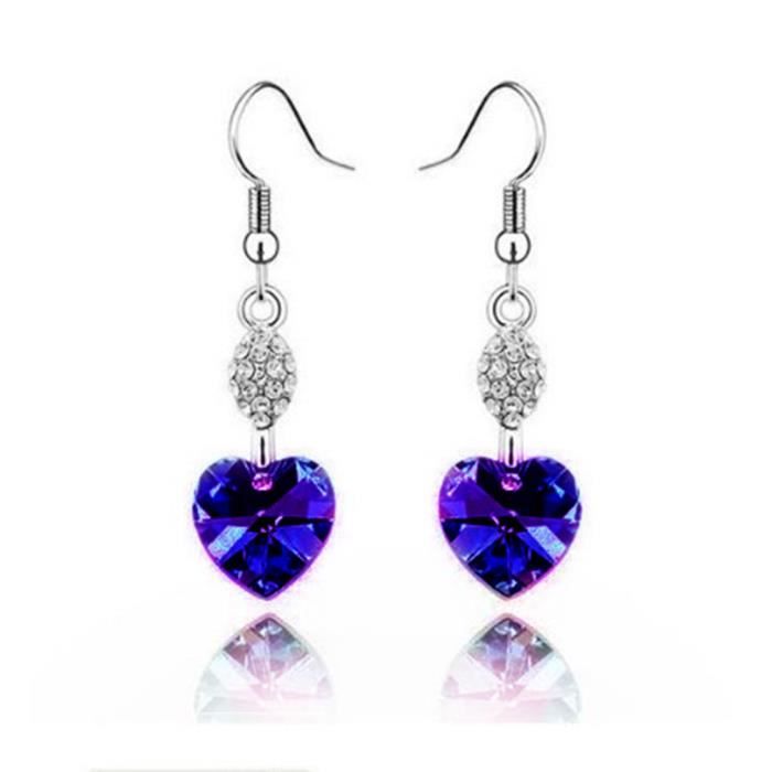 LCC®Boucles d'oreilles élégantes pendantes cœur de l'océan Argent cristal violet fonce swarovski Autrichien diamants Rhinestone