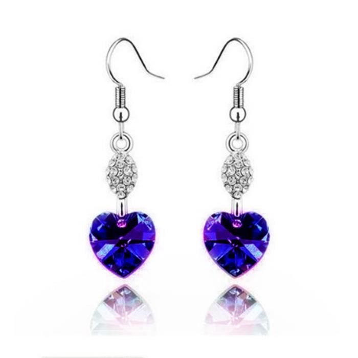 LCC®Boucles d'oreilles élégantes pendantes cœur de l'océan Argent cristal violet fonce swarovski Autrichien diamants Rhinestone