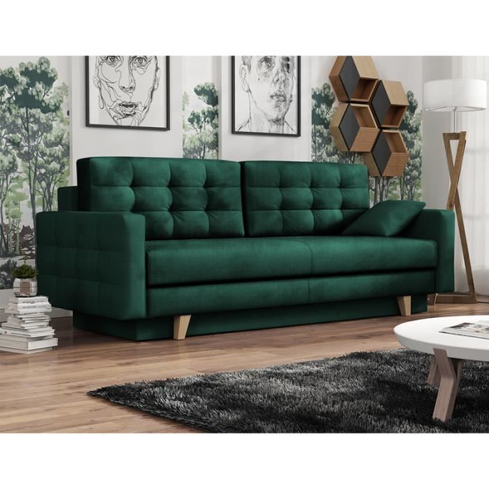 Canapé convertible - VERAT - Kronos 19 vert bouteille - pieds bois - coffre de rangement