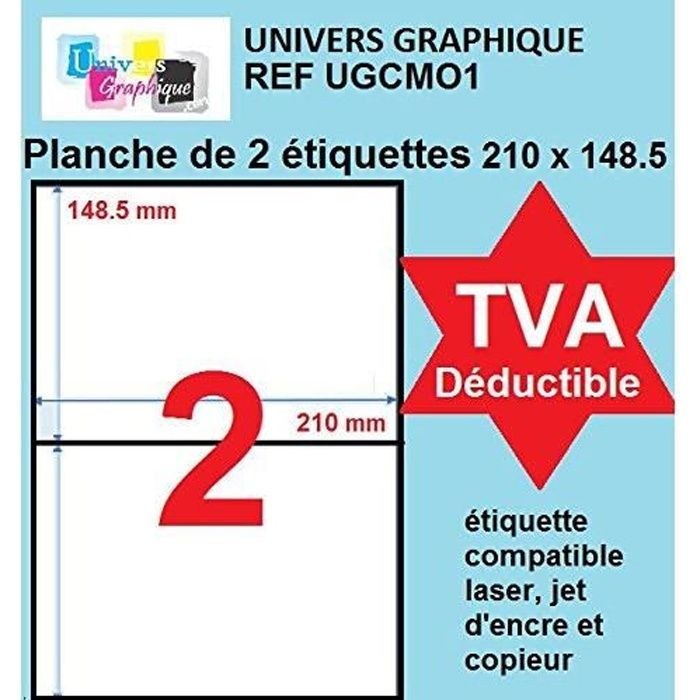 1000 étiquettes 210 x 148.5 mm autocollantes - soit 500 feuilles A4 - planche de 2 étiquettes adhésive A5 210 x148.5 Réf UNIVERS GRA
