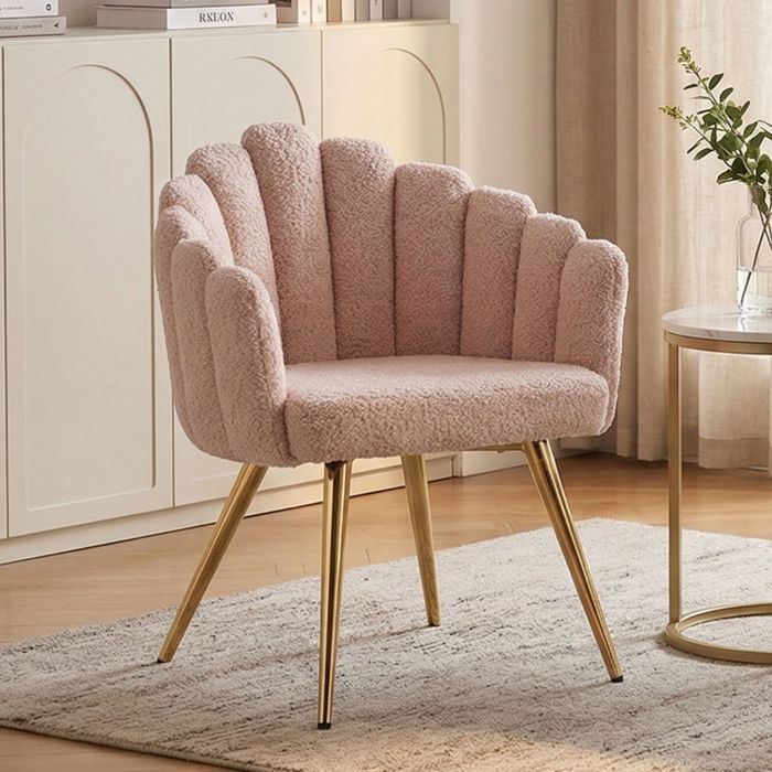 Wahson Fauteuil Salon Moderne avec Pied Doré Fauteul de Salon Design Fauteuil Coiffeuse pour Chambre et Salon Tissu Rose Clair