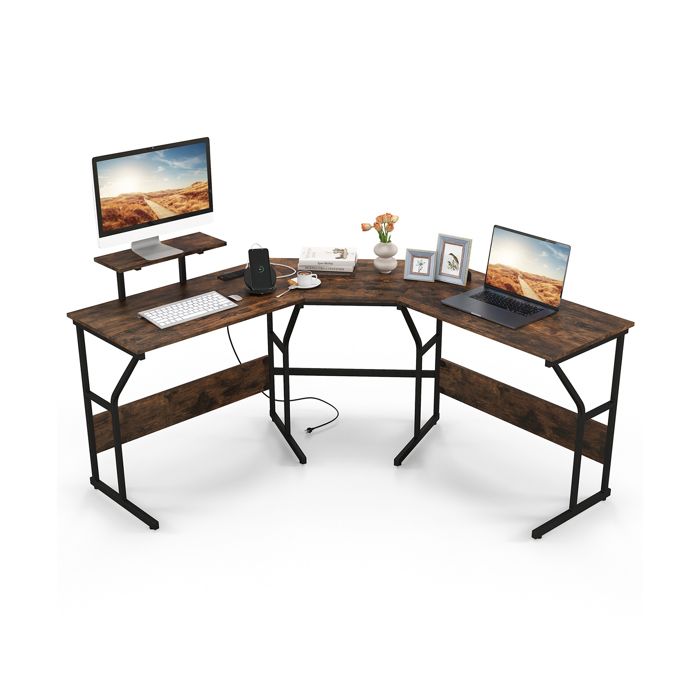 COSTWAY Bureau dAngle en Forme de ‘L’ avec Prises de Courant pour 2 Personnes Support dÉcran Amovible Marron