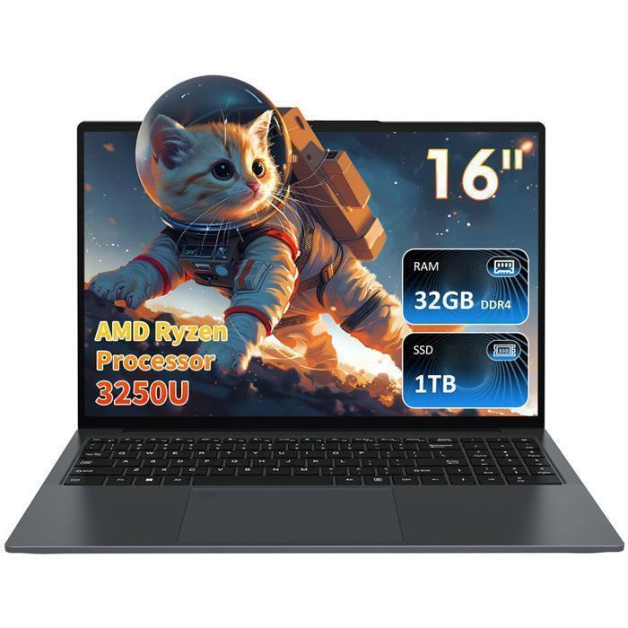 PC portable Auusda – 16 FHD 32 Go de RAM 1To SSD AMD Ryzen 3 3250U (Jusquà 35 GHz) – Windows 11 PRO – Rotation à 180°  – Gris