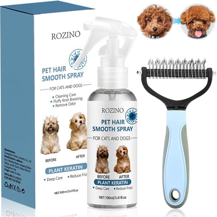 Meilleurs prix pour Spray Demelant Chien et Chat+Brosse pour Chien et Chat Poils LongsLissage des Poils danimaux Démêle les Cheveux