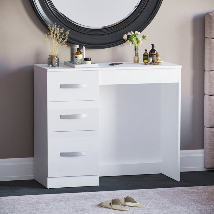 Coiffeuse Hulio blanche haute brillance avec 3 tiroirs – Bureau maquillage meuble de chambre