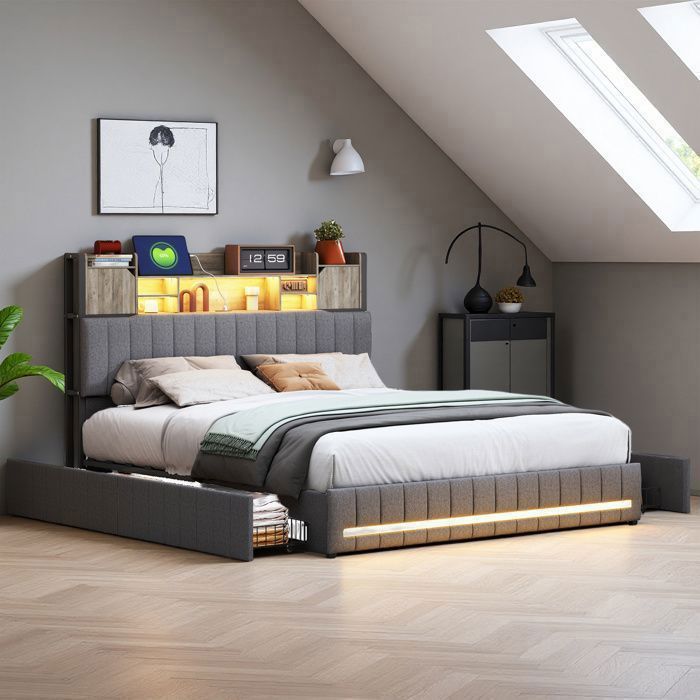 Lit double - 140x190 cm - 4 tiroirs - LED intégrée & port USB - Style scandinave