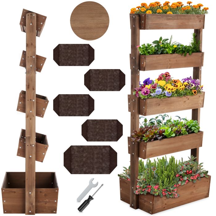 Jardinière surélevé - TECTAKE - Potager vertical FLORA en bois de sapin laqué avec toile de paillage 81 x 52 x 180 cm - Marron