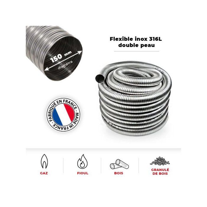 Tubage flexible inox double peau ø150 mm - 3 mètres