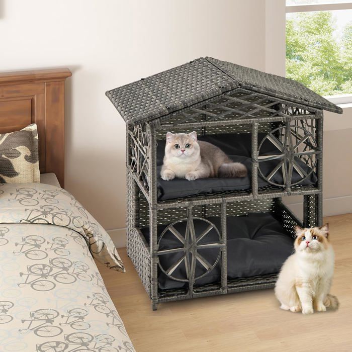 Comparer les prix de GOPLUS Maison Niche  pour Chat Cannage Extérieur Enclos à 2 Niveaux pour Chatons en Osier avec Fenêtres Coussins Amovibles Gris