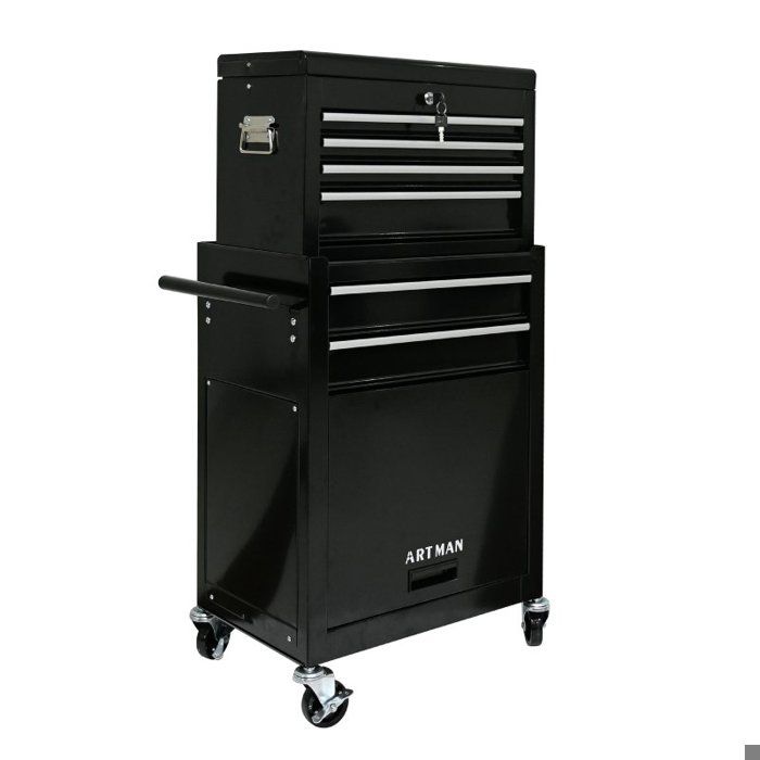 Coffre à outils roulant haute capacité avec roulettes et tiroirs armoire de rangement à outils à 6 tiroirs Noir