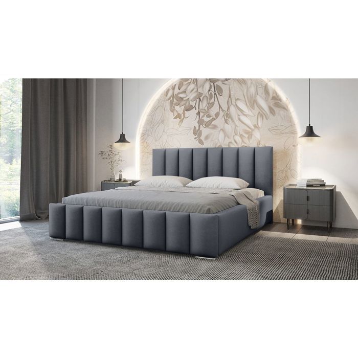 Cadre de lit avec coffre NEO en velours - Gris clair - Dimensions du couchage : 160 x 200 cm