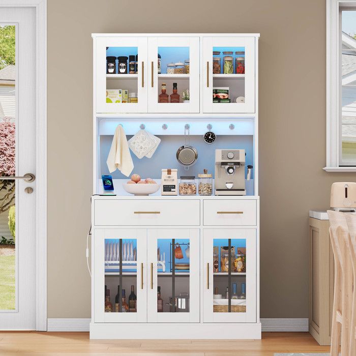 Buffet de Cuisine Haute 180 cm avec Éclairage LED 6 Portes 2 Tiroirs de Rangement Étagères Réglables - Style Campagnard - Blanc