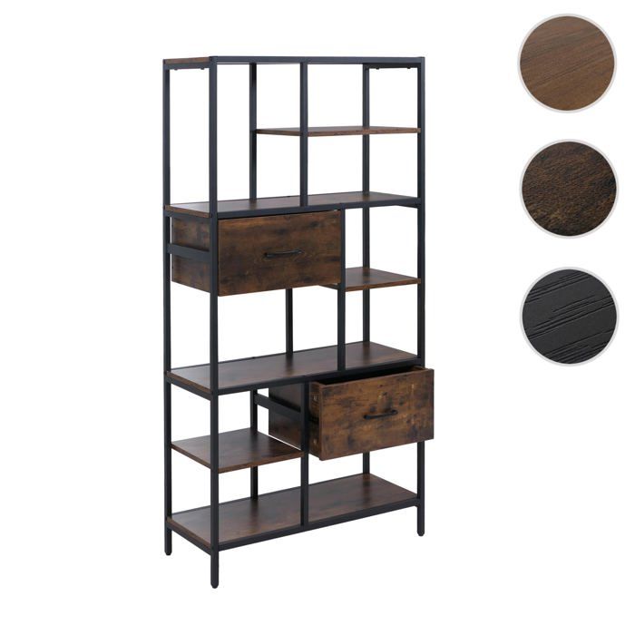 Étagère HWC-P11 étagère bibliothèque étagère sur pied tiroirs MDF industriel métal mélamine 150 x 81 x 33 cm ~ brun foncé