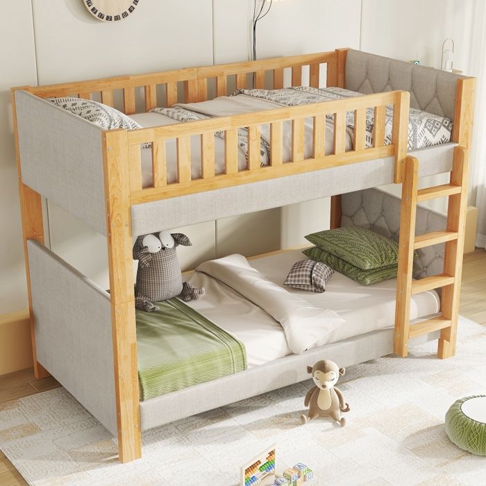 Lit Superposé pour Enfant 90x200cm Bord éponge Anti-Collision Doux échelle de Sécurité Sommiers à Lattes Bois de Caoutchouc+MDF