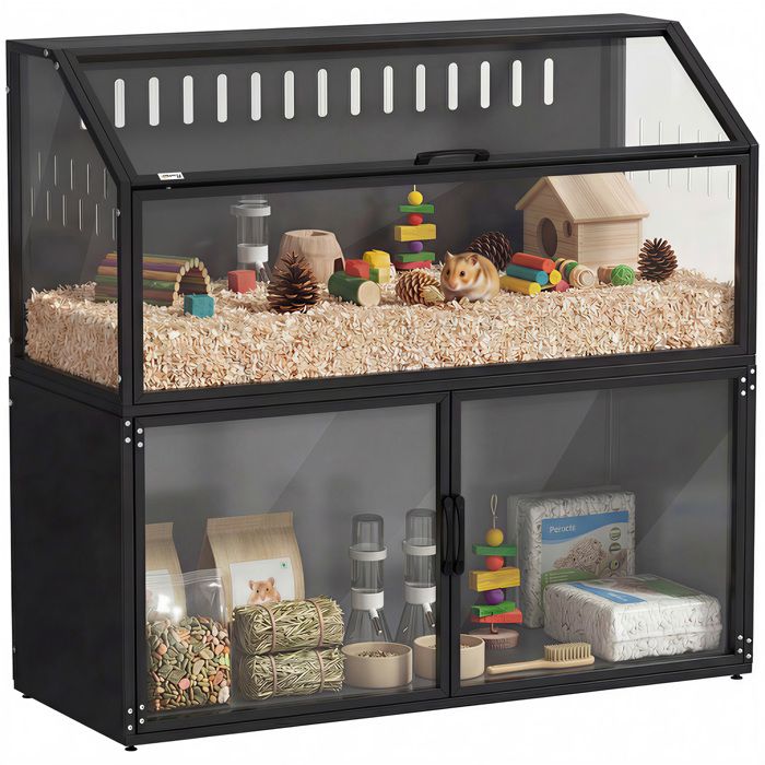 Meilleurs prix pour Cage hamster - PawHut - 2-en-1 avec armoire de rangement pour rongeur hamster syrien et souris - acier et acrylique - noir
