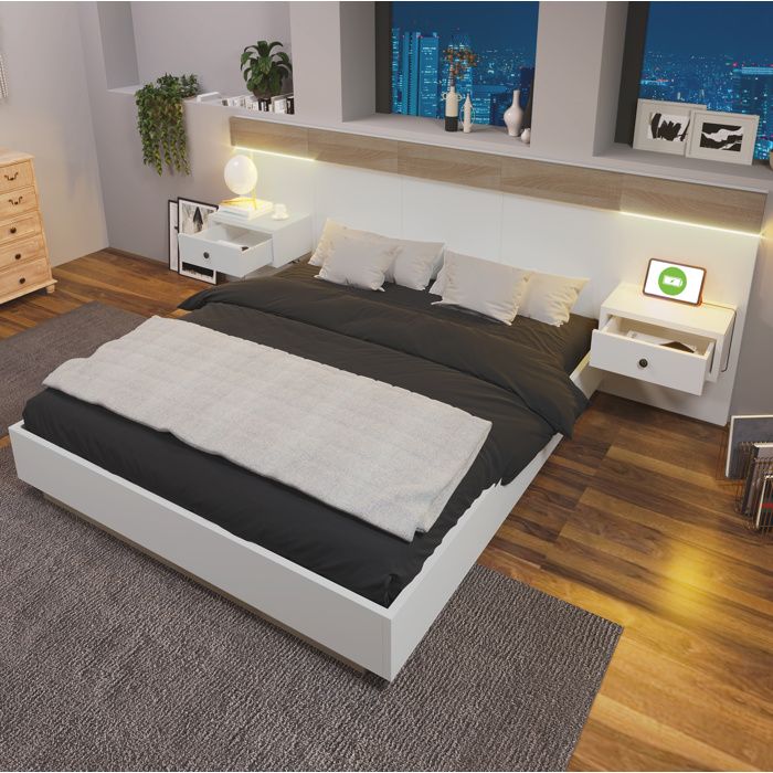 Ensemble lit complet 160x200 cm blanc et chêne avec 2 tables de chevet LED prises USB-C et rangements