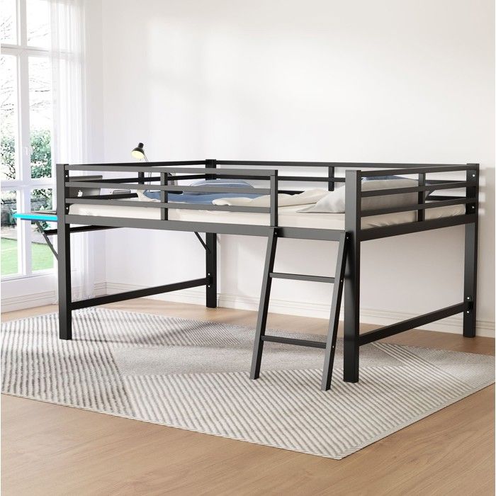 Lit mezzanine noir 140 × 200 avec bureau rabattable LED échelle sans matelas