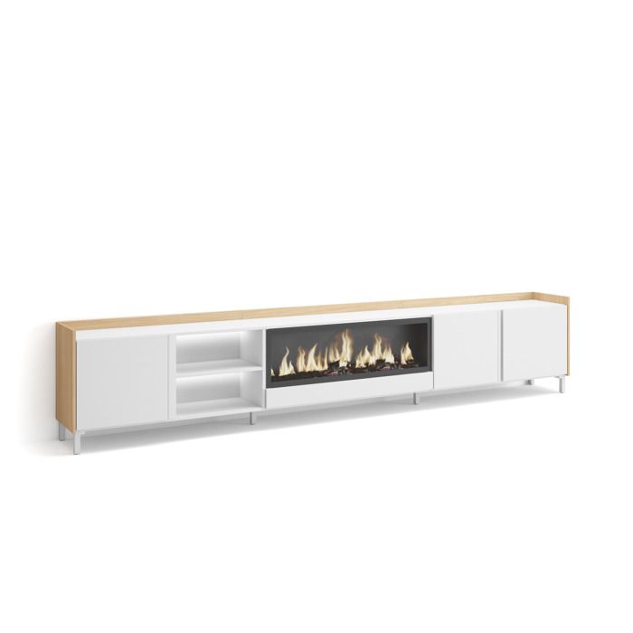 Meuble TV Banc Télé 315x35x61cm Pour les TV jusquà 80 Cheminée électrique XXL LED Blanc et Chêne Soft RF4800