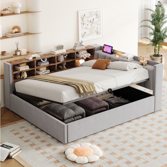 Lit coffre rembourré 140 x 200 cm EVRYAE avec rangements veilleuse USB et USB-C velours gris clair