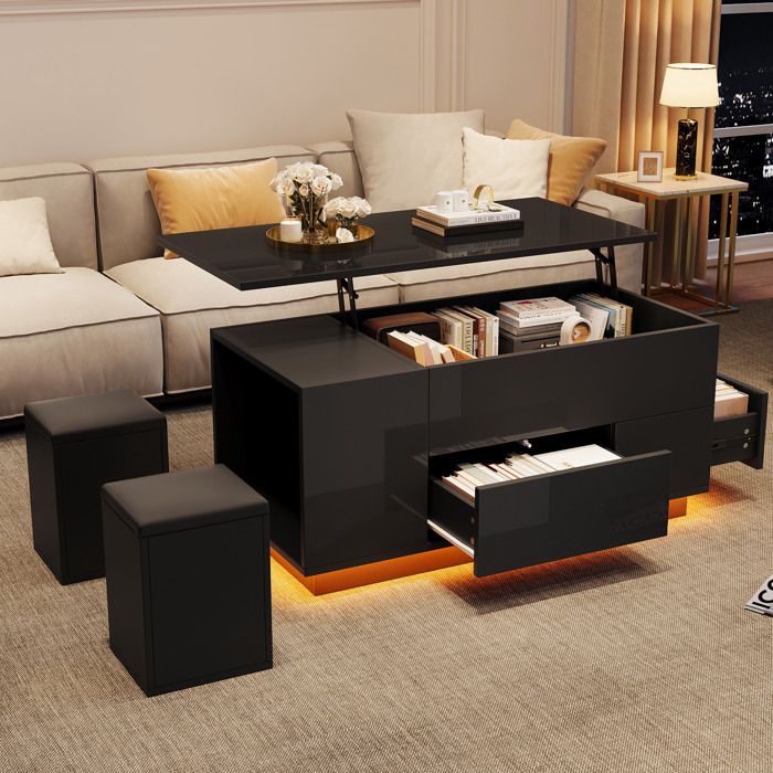 Table basse relevable avec LED 2 tiroirs rangement caché et 2 tabourets brillant noir pour salon 100×50×45 cm - UVRION