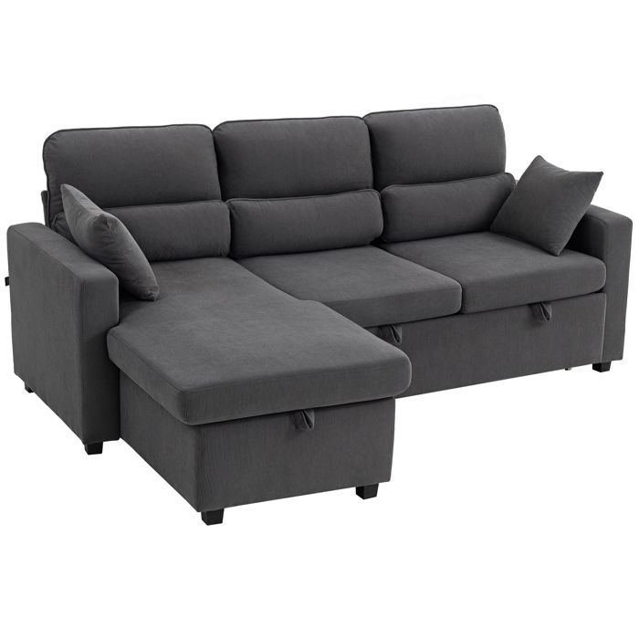 Canapé dangle convertible - HOMCOM - 3 places - chaise longue rangement caché coussins - velours côtelé - 205x135x76cm - gris