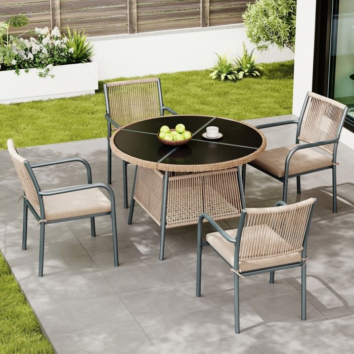Ensemble de meubles de jardin 5 pièces salon de jardin en rotin pour 4 personnes table ronde en verre+4 chaises avec accoudoirs