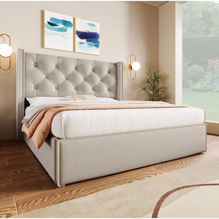 Lit coffre double 140 x 200 cm gris clair avec sommier à lattes relevable à vérins hydrauliques