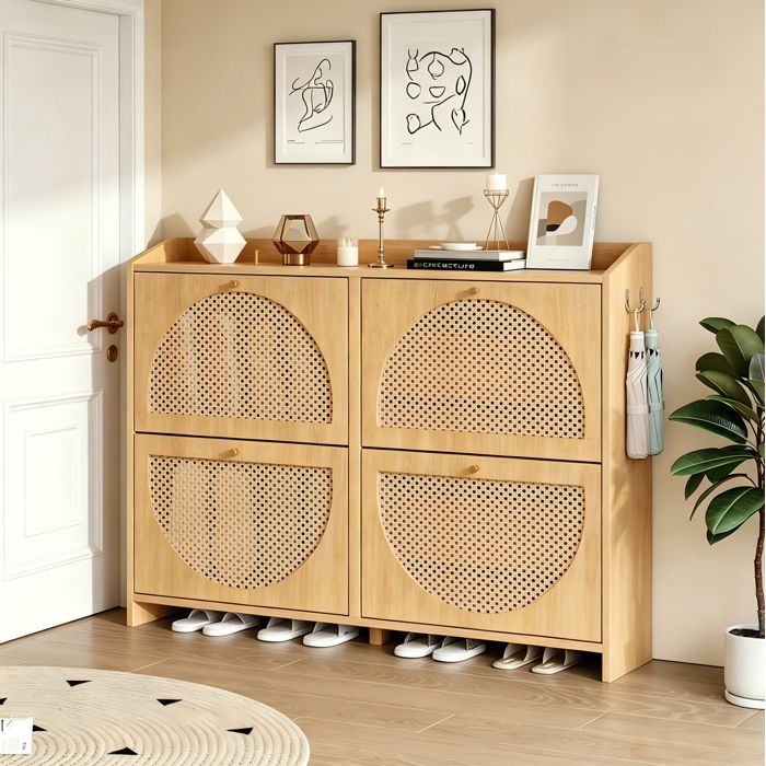 Meuble à chaussures 120 x 24 x 90 cm en MDF avec 4 portes rabattables 8 compartiments 2 crochets bois naturel